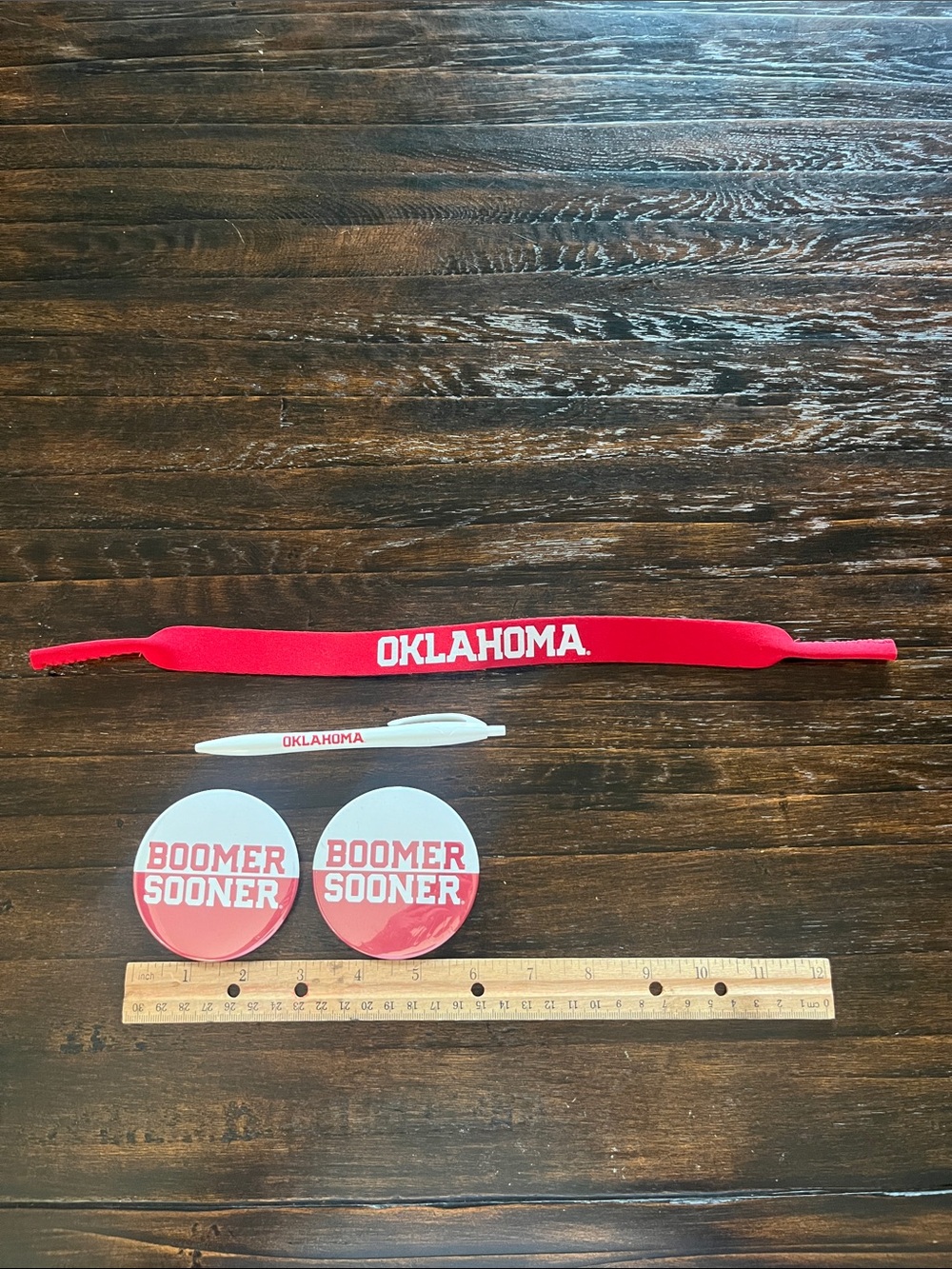 Oklahoma Red sunglass strap & Boomer Sooner Pins Set, gameday buttons- OU